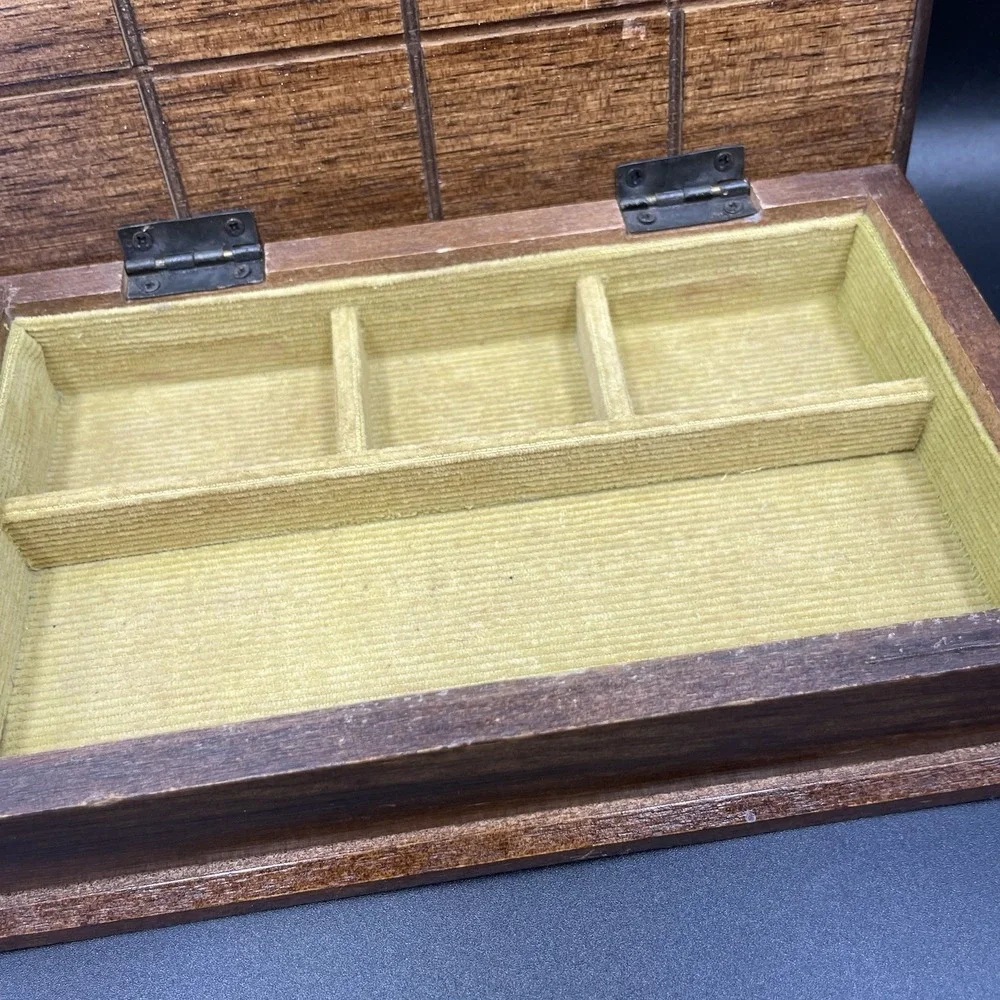 Vintage Carved Wooden Jewelry Box with Green Corduroy Lining Hinged Lid - MCM